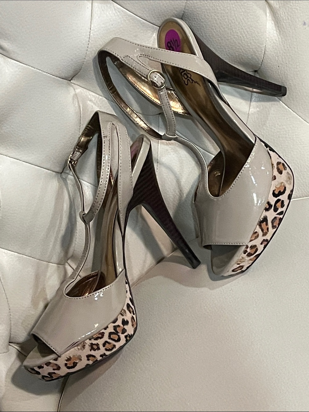 Carlos Santana Taupe Patent Peep Toe Heels Leopard-Print Platform Eye Catching
